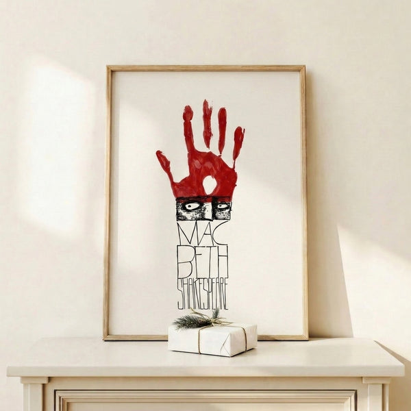 Contemporary pop art poster showing an abstract face with crimson hand imagery in expressive line art style, framed in interior setting.