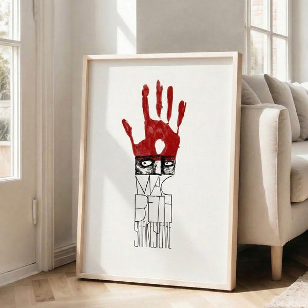Bold theatrical line art depicting a face and bloody hand symbol in red and black, modern surreal design perfect for literary-themed wall decor.