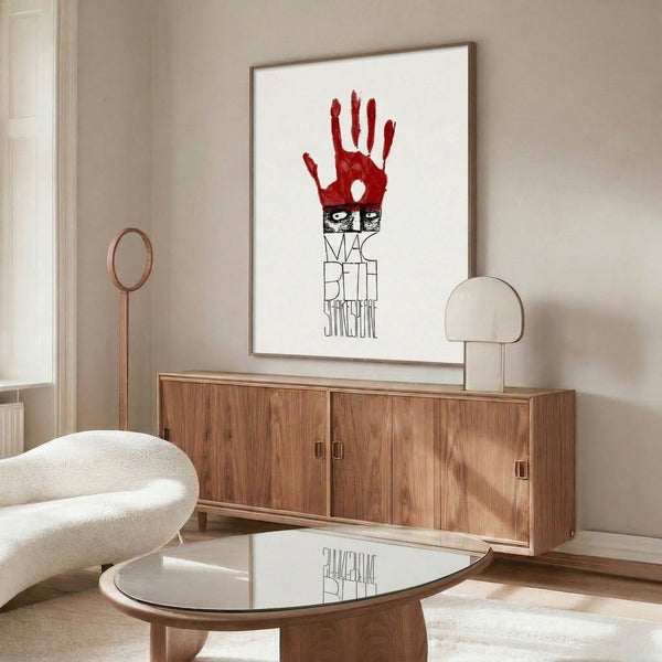 Dramatic pop art print featuring interlocking face and hand motifs in a dark, literary style, rendered in high-contrast red, black, and cream tones.