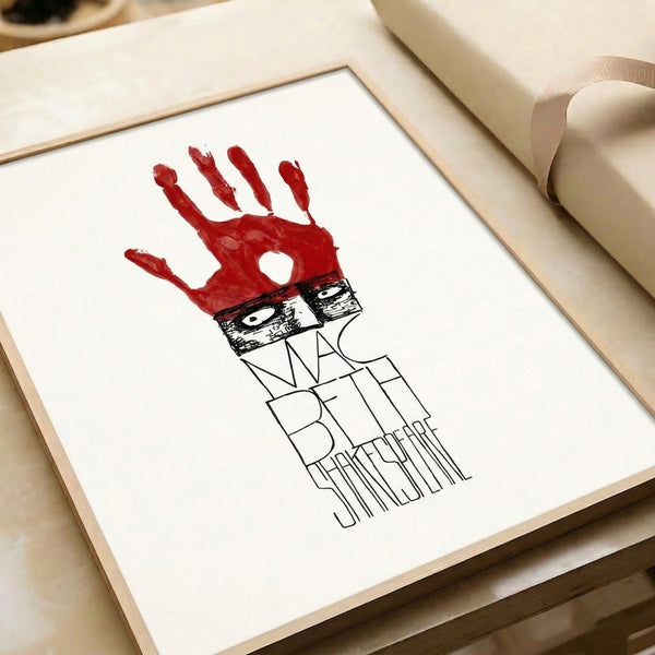 Intense line art composition with facial features and a prominent red handprint, modern theatrical aesthetic suitable for artistic interior spaces.