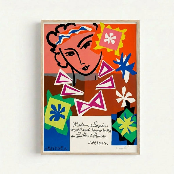 Matisse-inspired portrait print featuring a stylized woman with a distinctive pompadour, composed of abstract organic shapes in earthy tones and jewel colors, framed on a wall.
