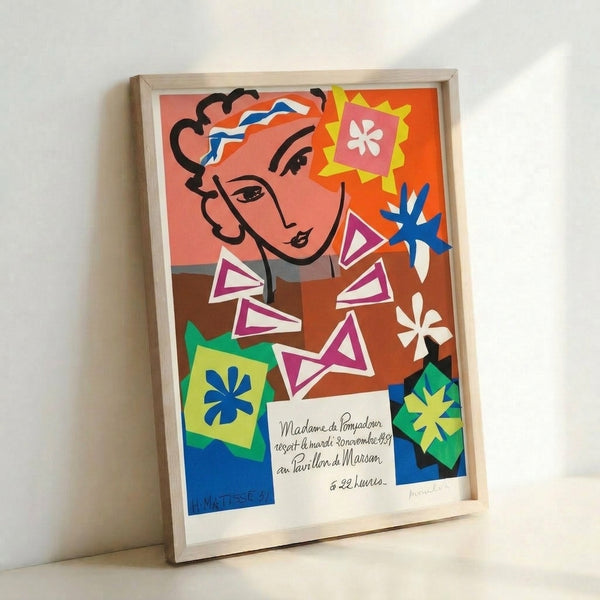 Minimalist art print depicting a composed woman with an upswept pompadour hairstyle, using vibrant cut-paper style shapes in warm and cool tones to create form and character.