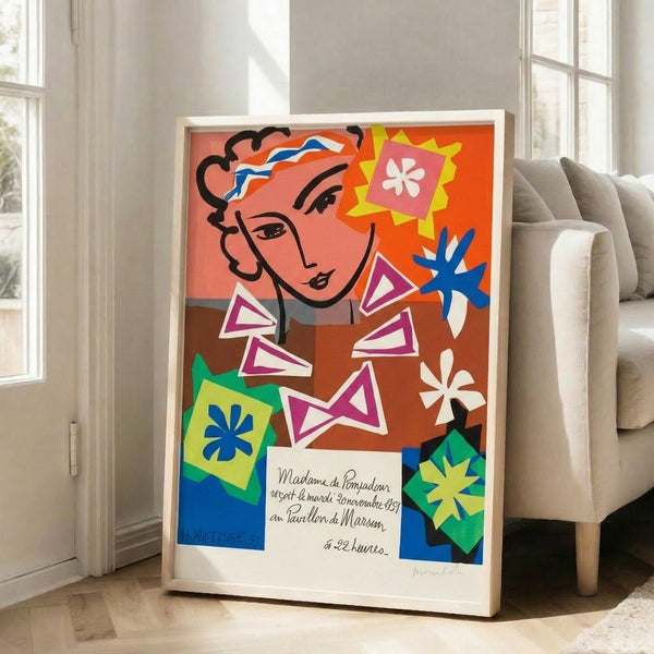 Framed contemporary print of a woman wearing her hair in a classic pompadour, expressed through bold fauve-inspired color blocks and simplified organic forms.