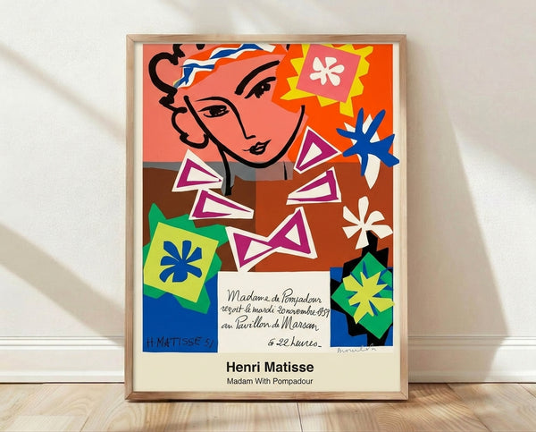 Abstract portrait of a woman with pompadour hairstyle in coral, blue, and ochre on white background, framed as a minimalist modern art print.