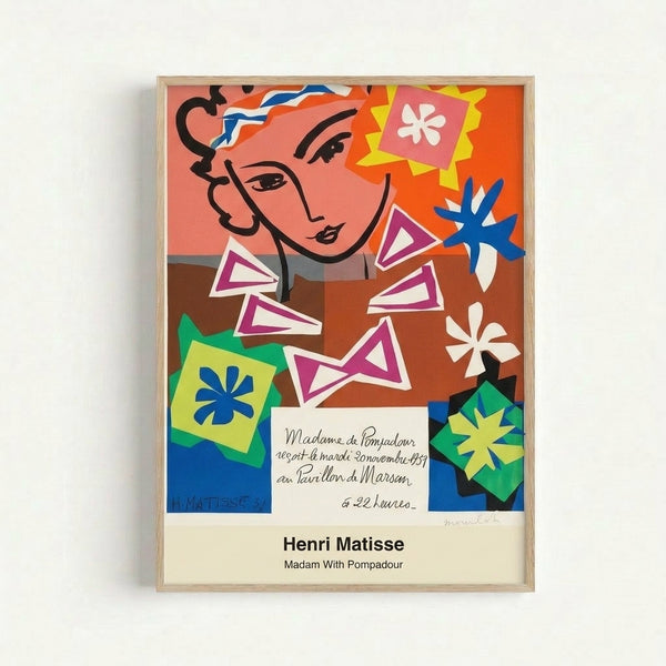 Matisse-style cut-out portrait featuring bold coral and blue shapes forming an elegant woman's face, displayed as a framed wall art print.