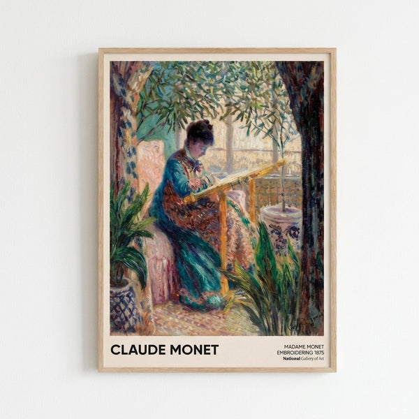 Monet's intimate domestic scene featuring a contemplative woman engaged in needlework, rendered in delicate impressionist brushwork with pale yellow light and muted earth tones.