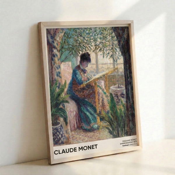 Gentle impressionist portrait of a seated woman embroidering by natural light, framed poster displaying soft blues, creams, and warm browns in a peaceful interior setting.