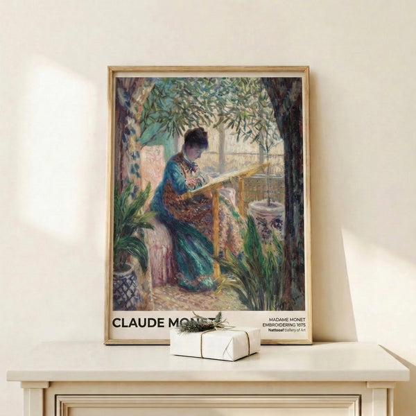 Serene impressionist wall art showing a woman absorbed in embroidery work near flowering plants and a luminous window, painted in harmonious soft blue and sage green palette.