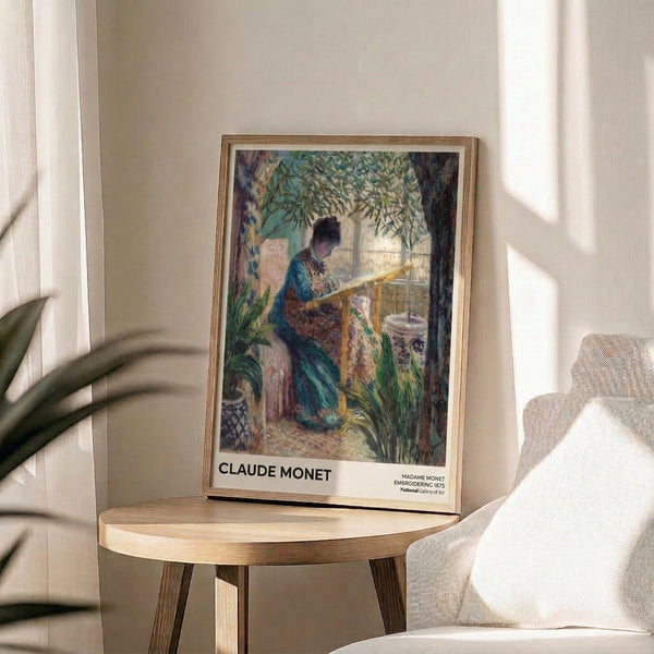 Peaceful interior scene poster in impressionist style: woman focused on needlework amid indoor plants near bright window light, rendered in soft blue, warm brown, and sage tones.