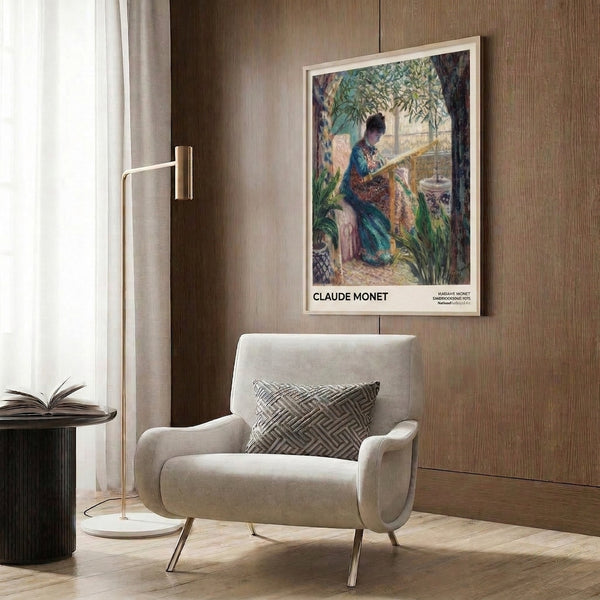 Vintage impressionist gallery art depicting woman embroidering in an intimate domestic interior, characterized by soft color harmonies of cream, pale gold, and muted blue-green tones.