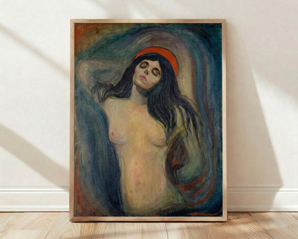 Framed poster of an expressionist portrait featuring a faceless figure with a luminous halo, rendered in muted earth tones and soft yellows against a shadowy background.