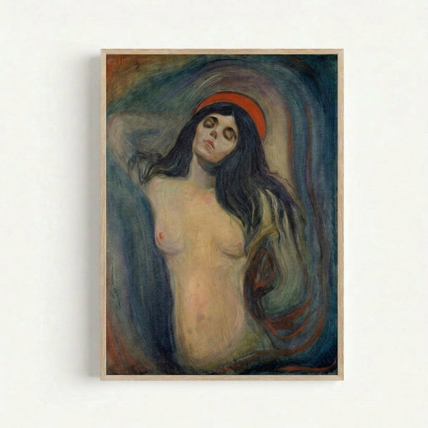 Vintage-style art print showing an abstracted female form with a glowing halo, painted in Munch's characteristic expressionist technique with warm ochre and cool shadow tones.