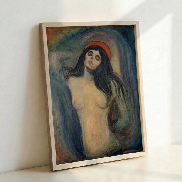 Wall art depicting a spiritual portrait of a figure surrounded by an ethereal halo, executed in expressionist style with a moody palette of browns, golds, and deep shadows.