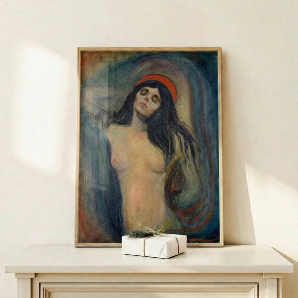 Framed expressionist artwork featuring a mysterious faceless silhouette crowned with a radiant halo, composed in warm and cool contrasting tones.