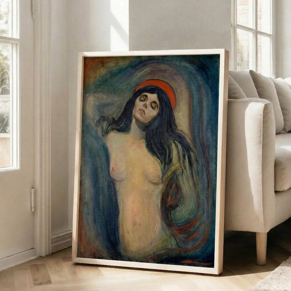 Retro poster displaying an avant-garde portrait with a luminous halo effect, rendered in the expressionist style with rich earth tones and atmospheric depth.
