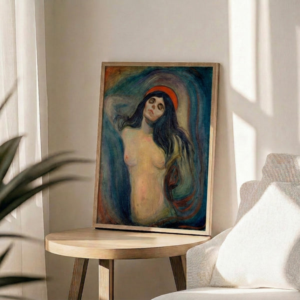 Wall-mounted art print of an iconic spiritual portrait with glowing halo, painted in moody expressionist colors ranging from burnt sienna to pale gold.