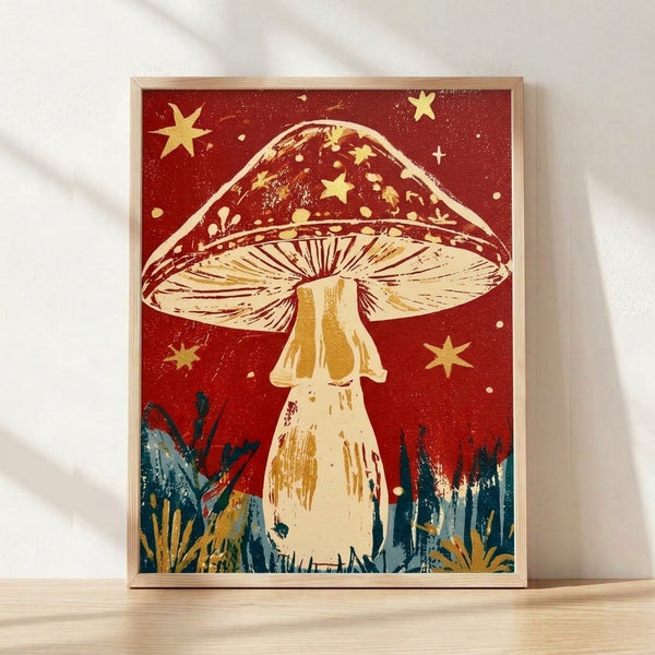 Framed retro boho poster featuring a golden mushroom beneath a deep red starry night sky with delicate florals, evoking a dreamy cottagecore aesthetic in burgundy, cream, and teal tones.