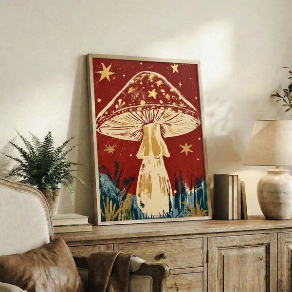 Whimsical botanical art print in muted jewel tones showing a luminous mushroom under a burgundy cosmos, surrounded by enchanting plants and stars with a cozy, nostalgic feel.