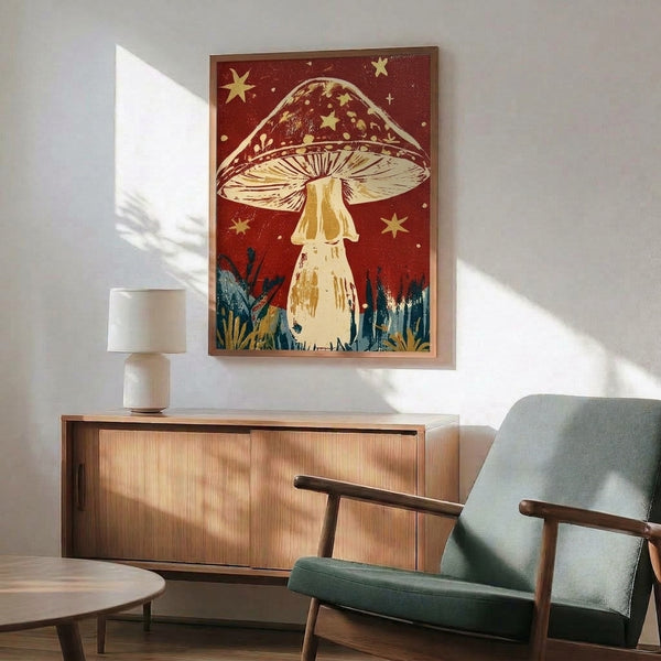 Dreamy cottagecore wall art displaying a glowing golden mushroom against a burgundy starlit backdrop with naturalistic flora, combining retro design with whimsical boho charm.