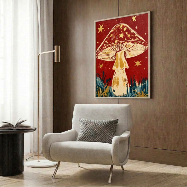 Magical mushroom illustration on cream background framed on wall, rendered in warm gold and navy accents with scattered stars and botanical elements in a cozy, vintage style.