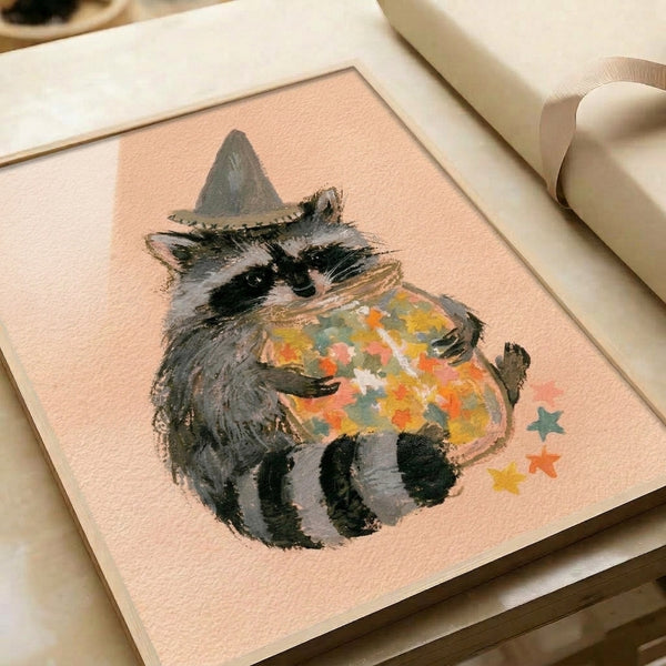 Whimsical wall art depicting a mystical raccoon character in a pointed hat gazing at a glowing jar of stars, painted in gentle watercolor style with charming details.