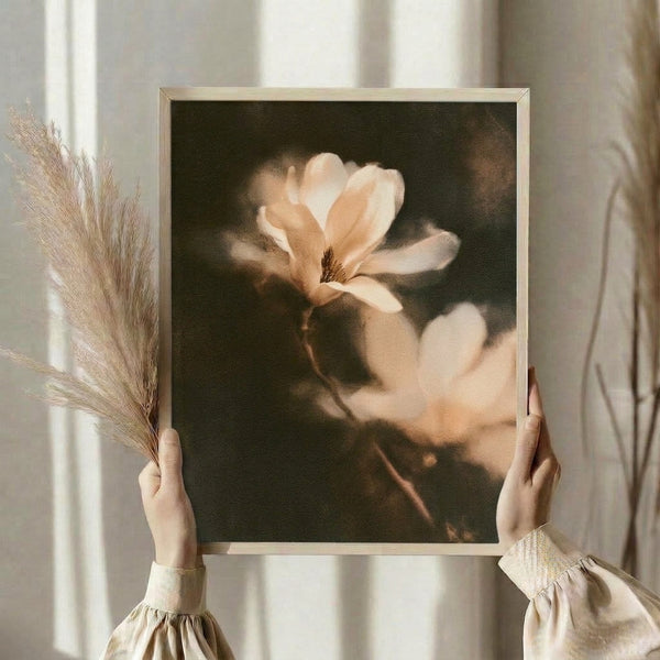 Magnolia blossom watercolor painting with soft, washed tones of cream and peach, minimalist composition highlighting the flower's delicate petals and central stamen in muted earth tones.