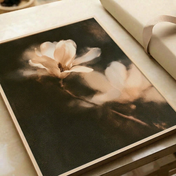 Gentle watercolor magnolia study showcasing layered petals in cream and pale peach with sage green and dark brown details, capturing the tranquil mood of botanical impressionism.
