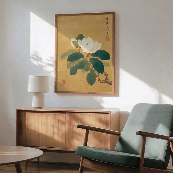 Contemplative botanical artwork depicting magnolia branches with blooming flowers in muted earth tones including rust red and sage, presented as a framed Japandi-inspired art print.