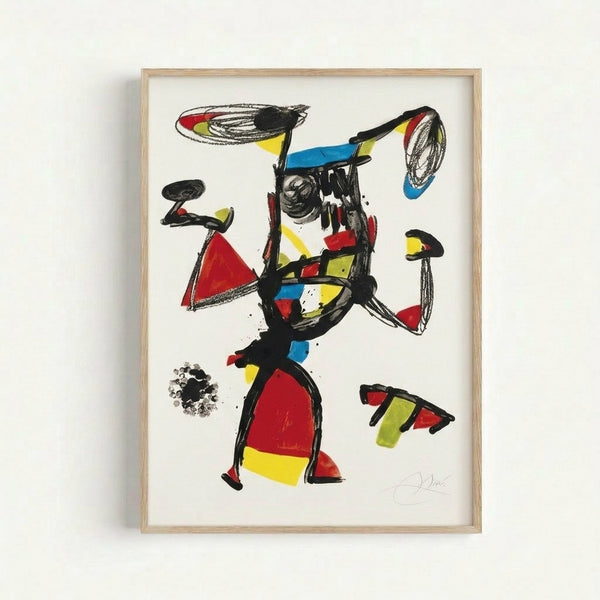 Surreal abstract artwork with bold primary colors and organic shapes creating an energetic, playful composition centered on an expressive human figure, displayed as a framed wall poster.