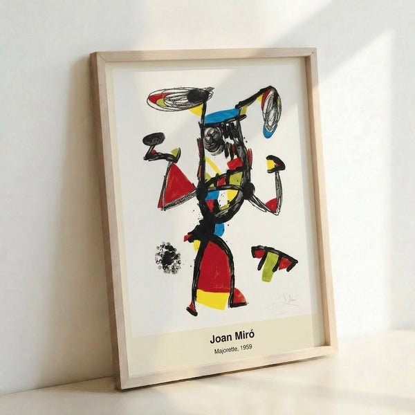 Vibrant modernist print with black outlines and red, blue, and yellow forms arranged in an abstract interpretation of movement and gesture, hung as a gallery-style wall art piece.