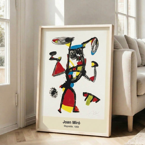 Contemporary abstract poster featuring interconnected geometric and biomorphic shapes in a vital color palette of black, red, blue, and yellow, creating a sense of dynamic human presence and contemplative mood.