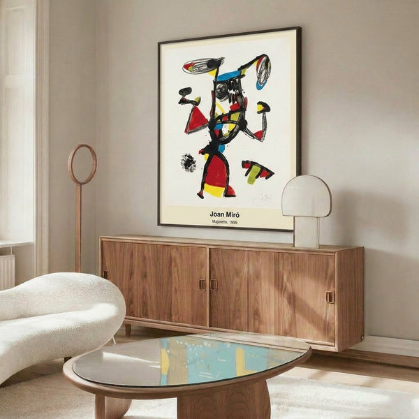Modernist poster rendered in striking black, red, blue, and yellow with curvilinear and angular forms suggesting movement, vitality, and playful abstraction of the human form.