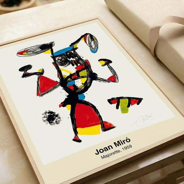 Abstract framed art print combining geometric precision and organic curves in black, red, blue, and yellow, evoking both joyful expression and subtle contemplation through stylized figurative composition.