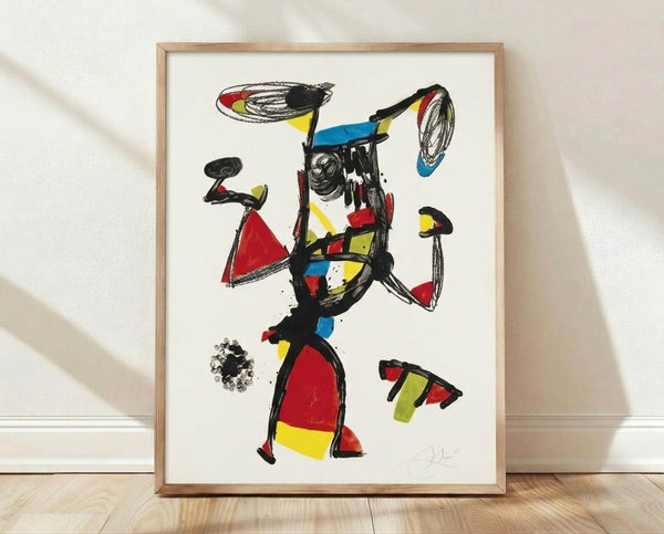 Abstract Majorette art print featuring vibrant geometric shapes and playful Cubist forms in bold colors, framed on a living room wall.