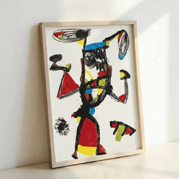 Framed contemporary art print displaying an abstract interpretation of a Majorette figure through geometric shapes and bold hues in Cubist aesthetic.