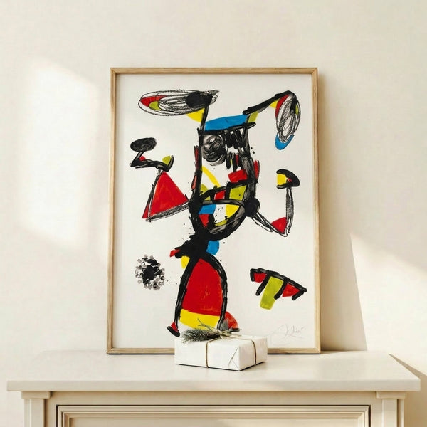 Vibrant abstract wall art poster combining playful geometric elements and colorful forms evoking a Majorette theme in modern Cubist composition.