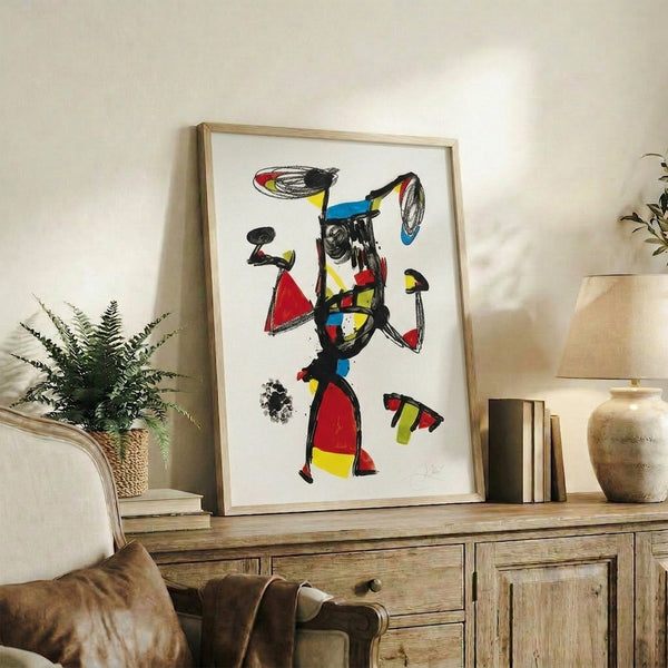 Modern Cubist-inspired framed poster showing an abstract Majorette composition with bold geometric shapes rendered in vivid, energetic colors.