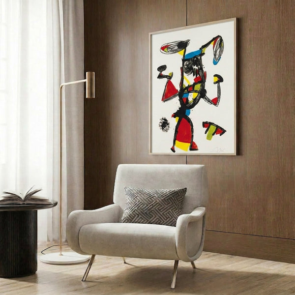 Contemporary abstract art print of a Majorette figure deconstructed into geometric forms and bright colors in bold Cubist style, hung as wall art.