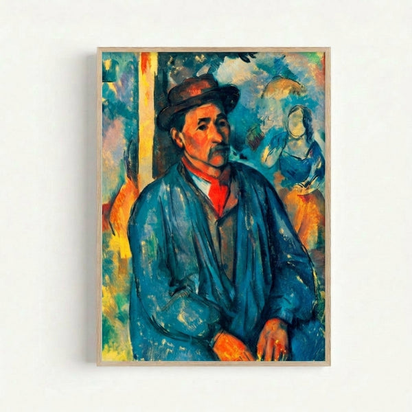 Classic art print showing a seated male figure in a blue work garment against a neutral background, displayed as framed wall art.