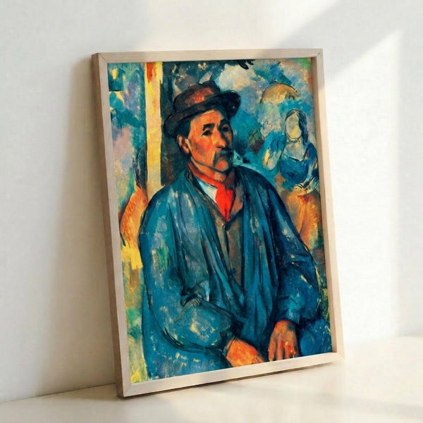 Post-Impressionist portrait of a man in a blue smock with gentle, layered brushstrokes and a contemplative mood, framed for home display.