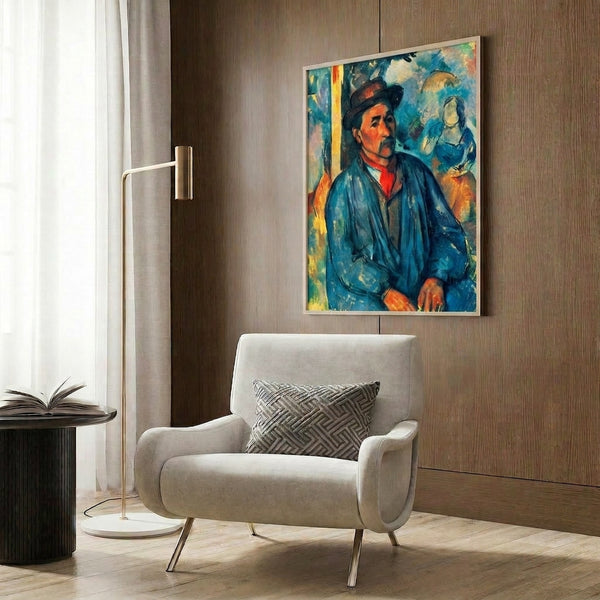 Muted-palette portrait artwork of a bearded man in a blue smock, showcasing soft impressionistic brushwork and intimate artistic expression.