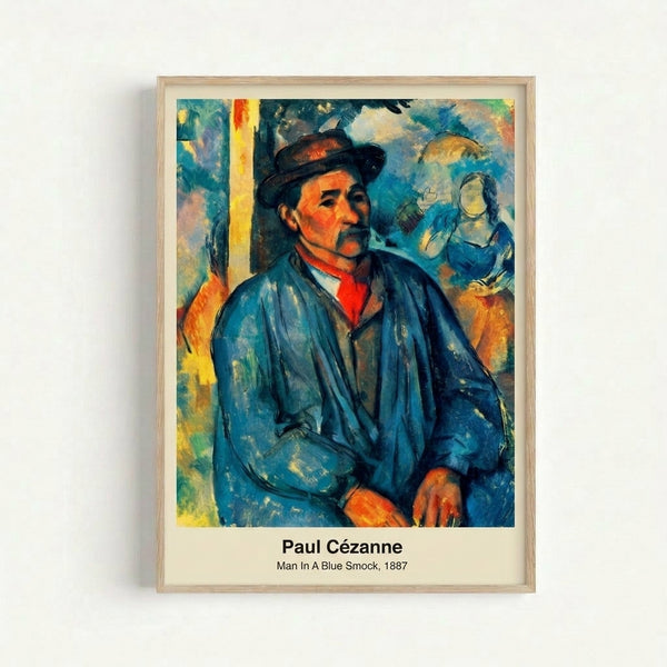 Contemplative figure study showing a man in blue workwear, painted in ochre and neutral tones with a dignified, studied expression.