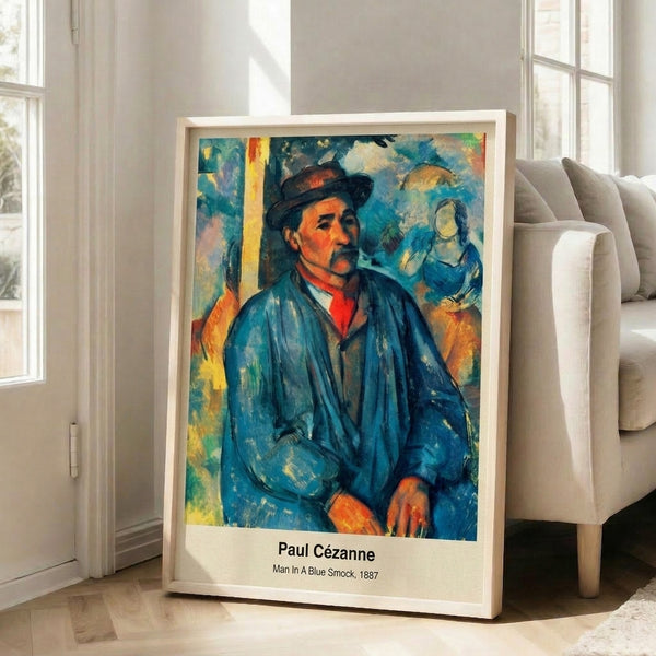 Classical-style portrait of a worker in blue, capturing a thoughtful mood through muted blues, greys, and ochre tones in framed poster form.