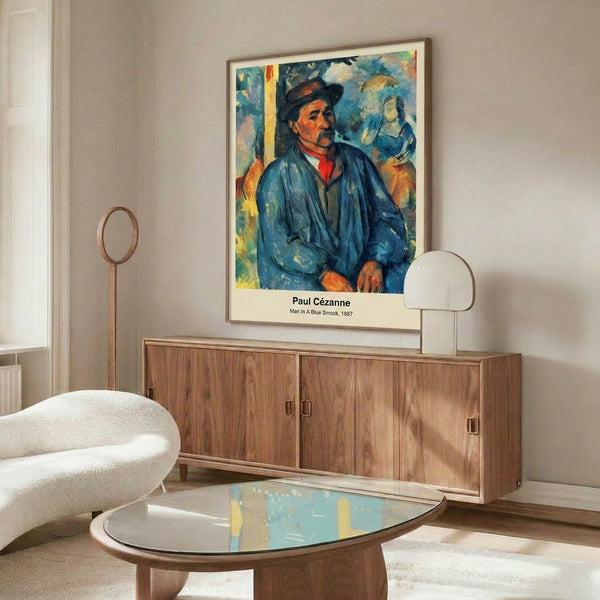 Dignified figure portrait showing a man wearing a blue work smock, displayed as a framed art print with contemplative, studied quality and earthy color scheme.