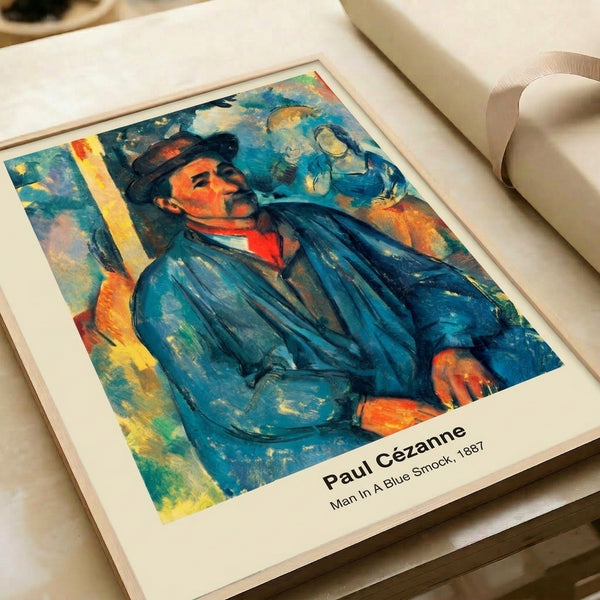Modern impressionist-style portrait of a man in blue workwear, featuring soft ochre and grey tones that convey quiet dignity when framed on a wall.