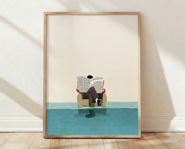 Minimalist illustration of a person sitting in an armchair reading a newspaper while floodwaters rise around them, rendered in cream, teal, and charcoal tones with calm contemplative mood.