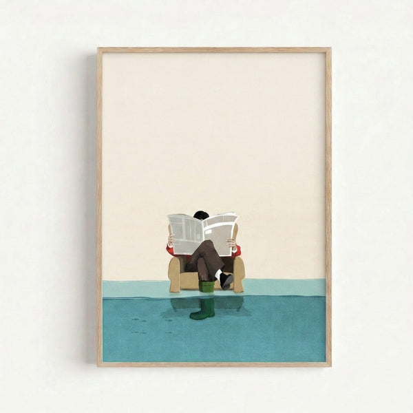 Japandi-style framed art print showing a serene figure in boots seated with newspaper as water fills the room, featuring a soothing palette of cream, tan, and teal.
