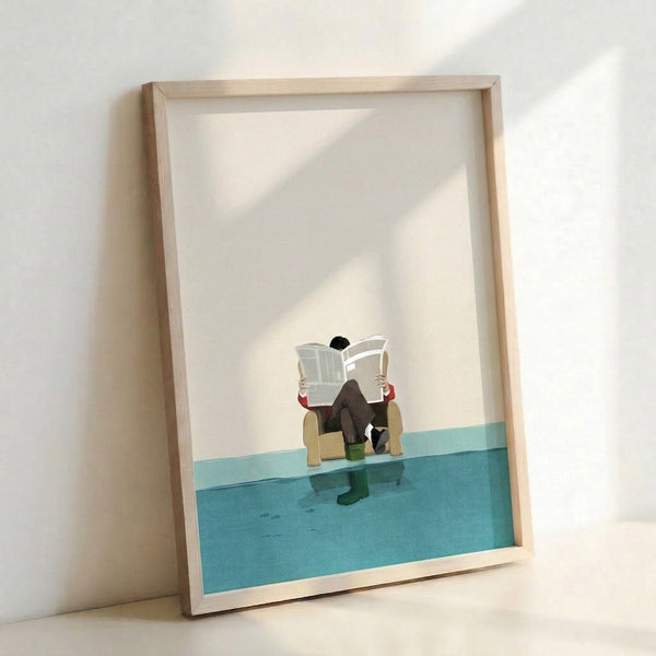 Modern minimalist poster depicting a peaceful reader absorbed in newspaper surrounded by rising floodwaters, rendered in soft cream and teal with charcoal accents.