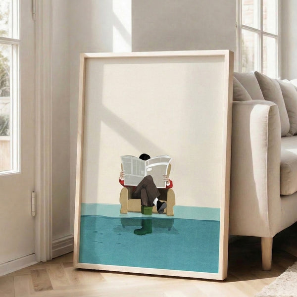 Framed contemporary illustration of solitary contemplation: a person reading in an armchair amid gentle floodwaters, palette of cream, teal, tan, and red.