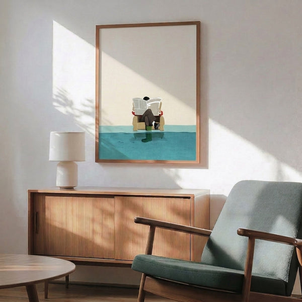Minimalist wall art showing quiet resilience—a newspaper reader seated in rising water, rendered in calming cream, teal, and charcoal tones with wabi sabi aesthetic.